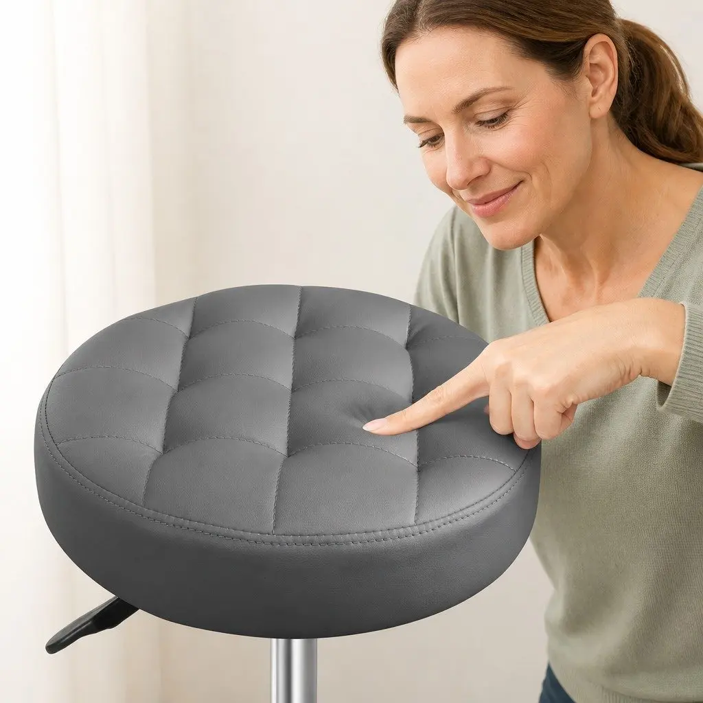 Rolling Bar Stool Grey PU Leather Gas Lift 360° Swivel 49cm to 60cm Height Adjustable Steel Frame