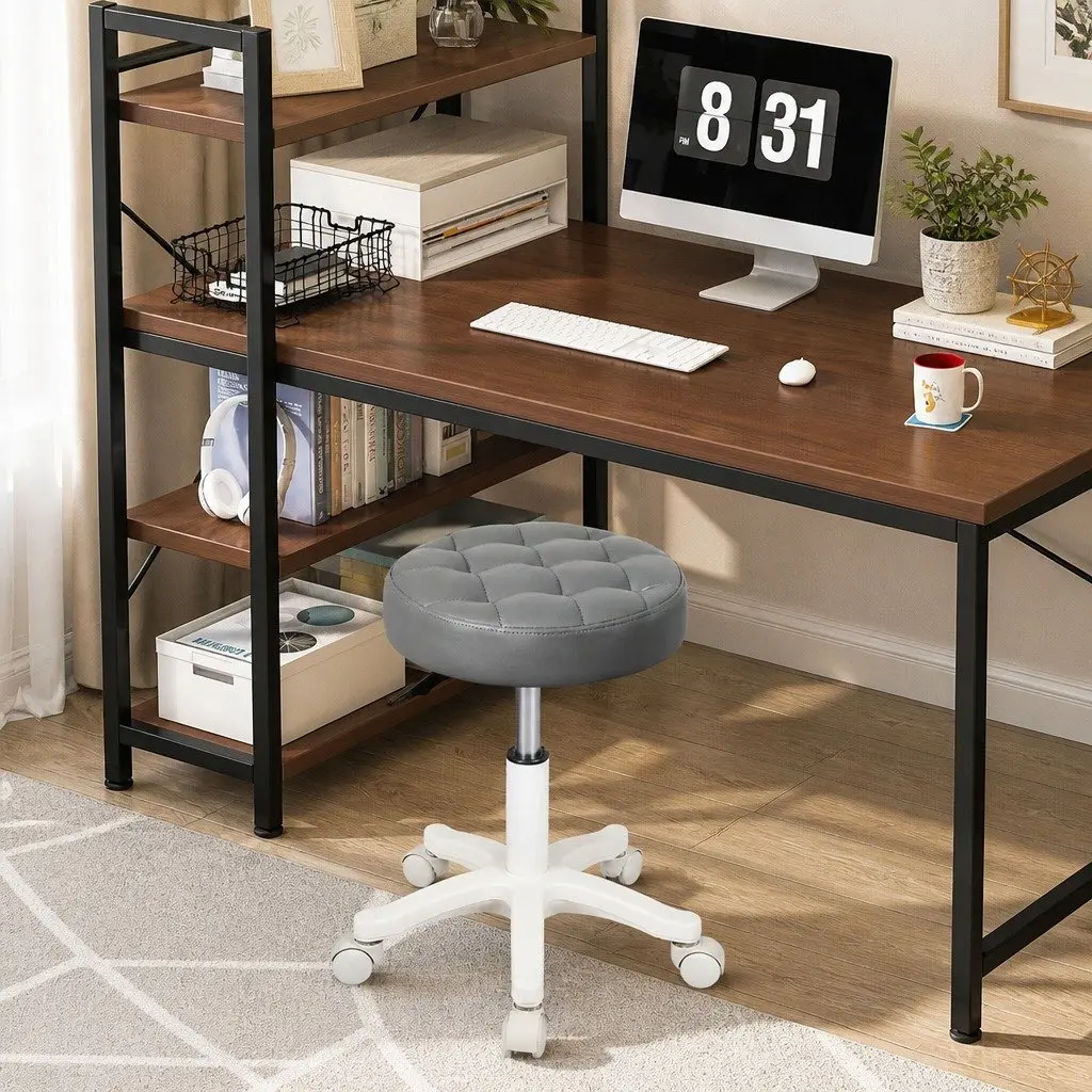Rolling Bar Stool Grey PU Leather Gas Lift 360° Swivel 49cm to 60cm Height Adjustable Steel Frame