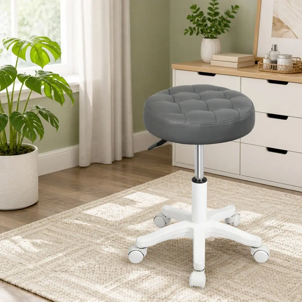 Rolling Bar Stool Grey PU Leather Gas Lift 360° Swivel 49cm to 60cm Height Adjustable Steel Frame