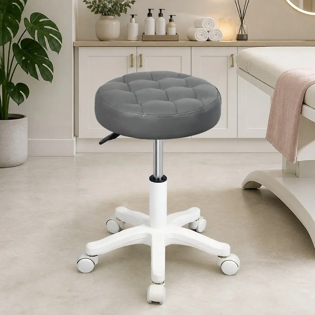 Rolling Bar Stool Grey PU Leather Gas Lift 360° Swivel 49cm to 60cm Height Adjustable Steel Frame