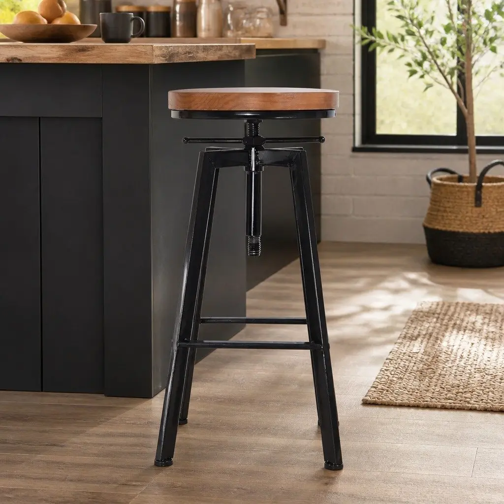 Industrial Bar Stool Vintage Swivel Adjustable Height Metal and Wood 29cm Seat 64 to 81cm Height