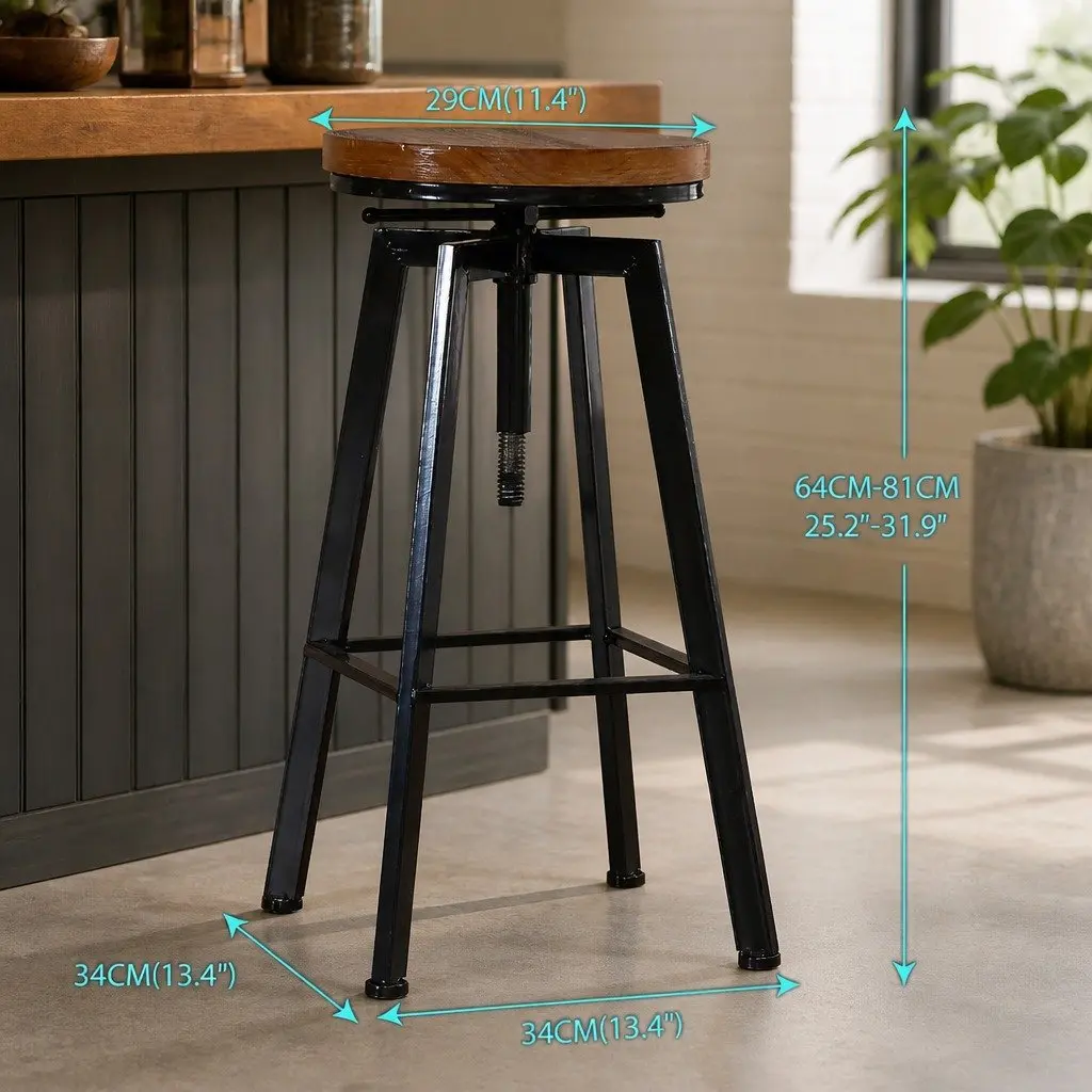Industrial Bar Stool Vintage Swivel Adjustable Height Metal and Wood 29cm Seat 64 to 81cm Height