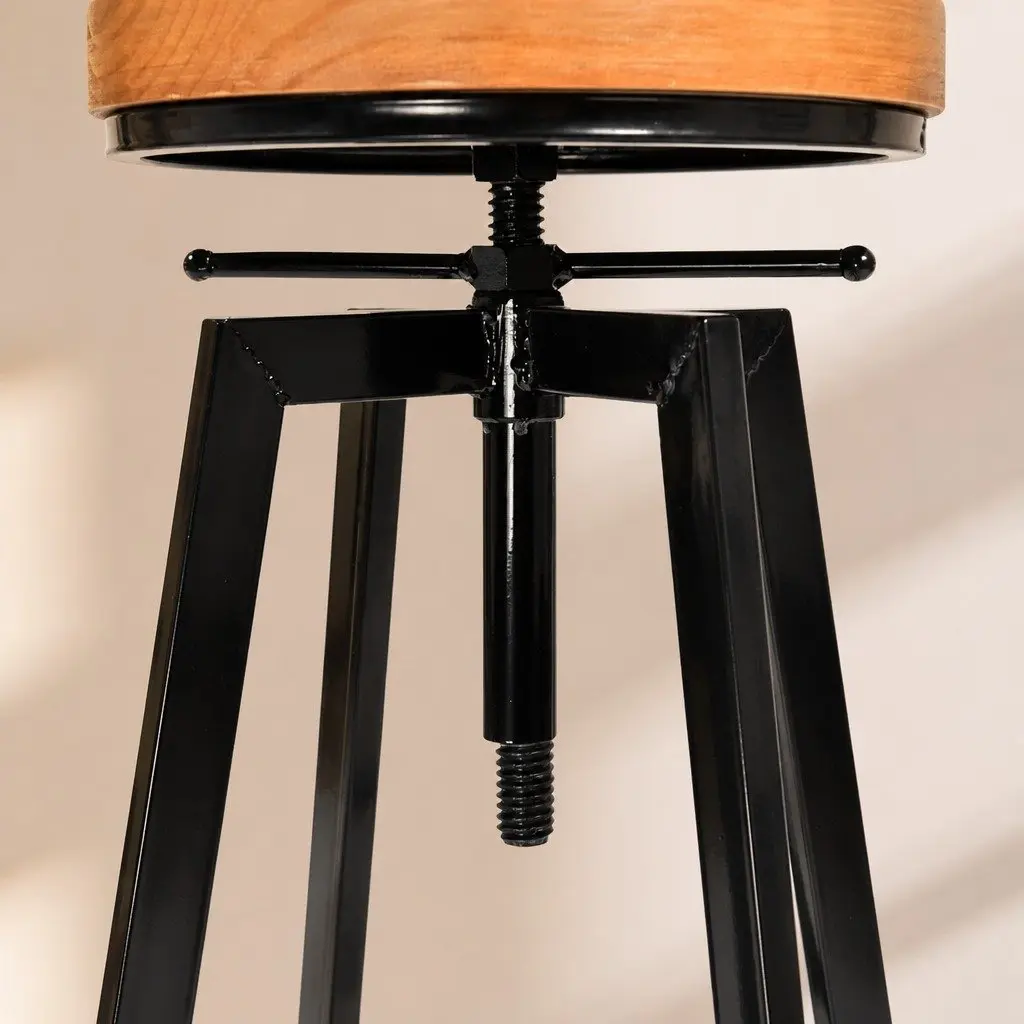 Industrial Bar Stool Vintage Swivel Adjustable Height Metal and Wood 29cm Seat 64 to 81cm Height