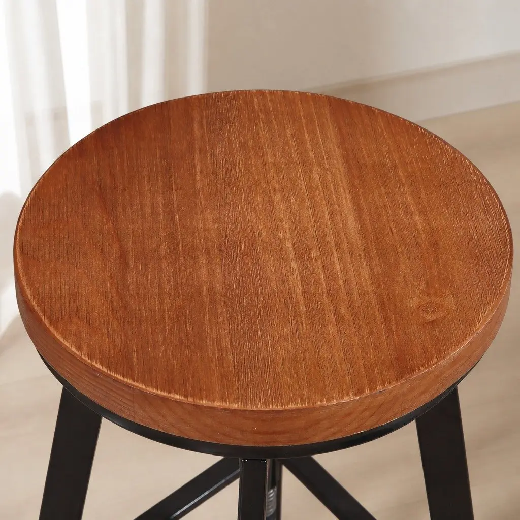 Industrial Bar Stool Vintage Swivel Adjustable Height Metal and Wood 29cm Seat 64 to 81cm Height