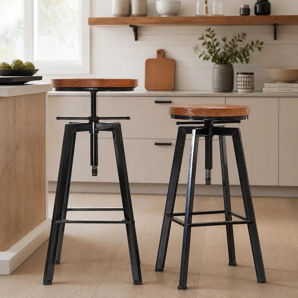 Industrial Bar Stool Vintage Swivel Adjustable Height Metal and Wood 29cm Seat 64 to 81cm Height