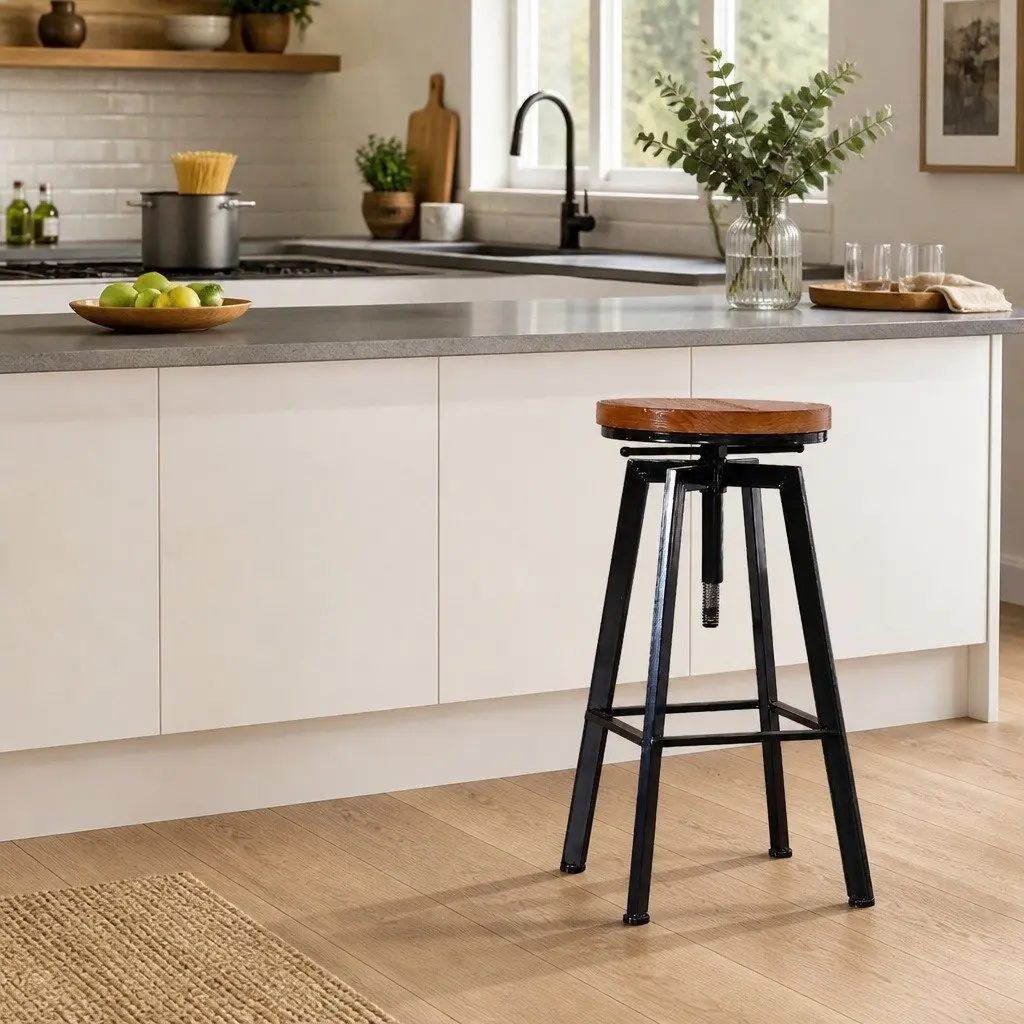Industrial Bar Stool Vintage Swivel Adjustable Height Metal and Wood 29cm Seat 64 to 81cm Height