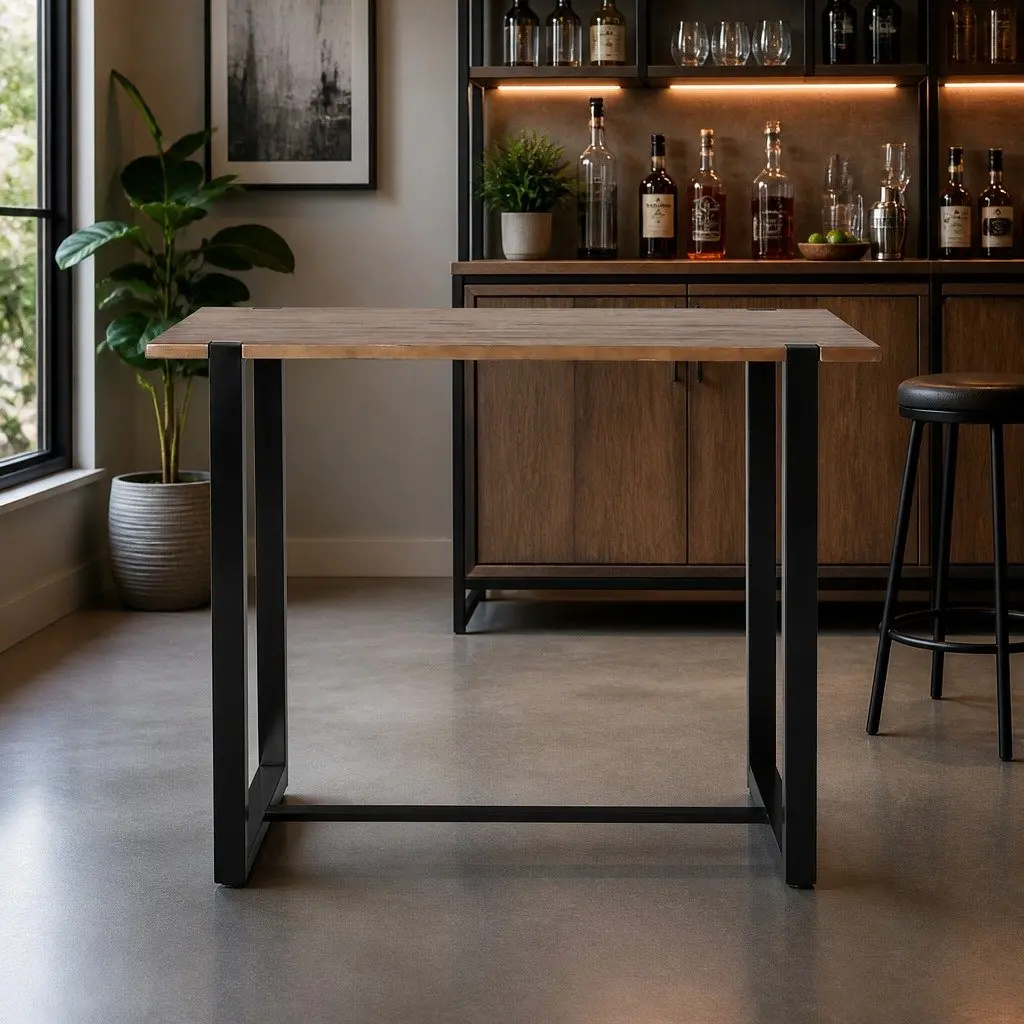 Solid Pine Wood High Bar Table with Steel Frame