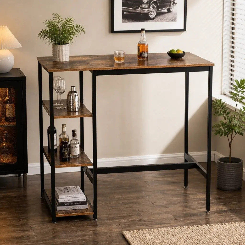 High Bar Table Industrial Pub Style Dining Standing Desk Storage Shelves