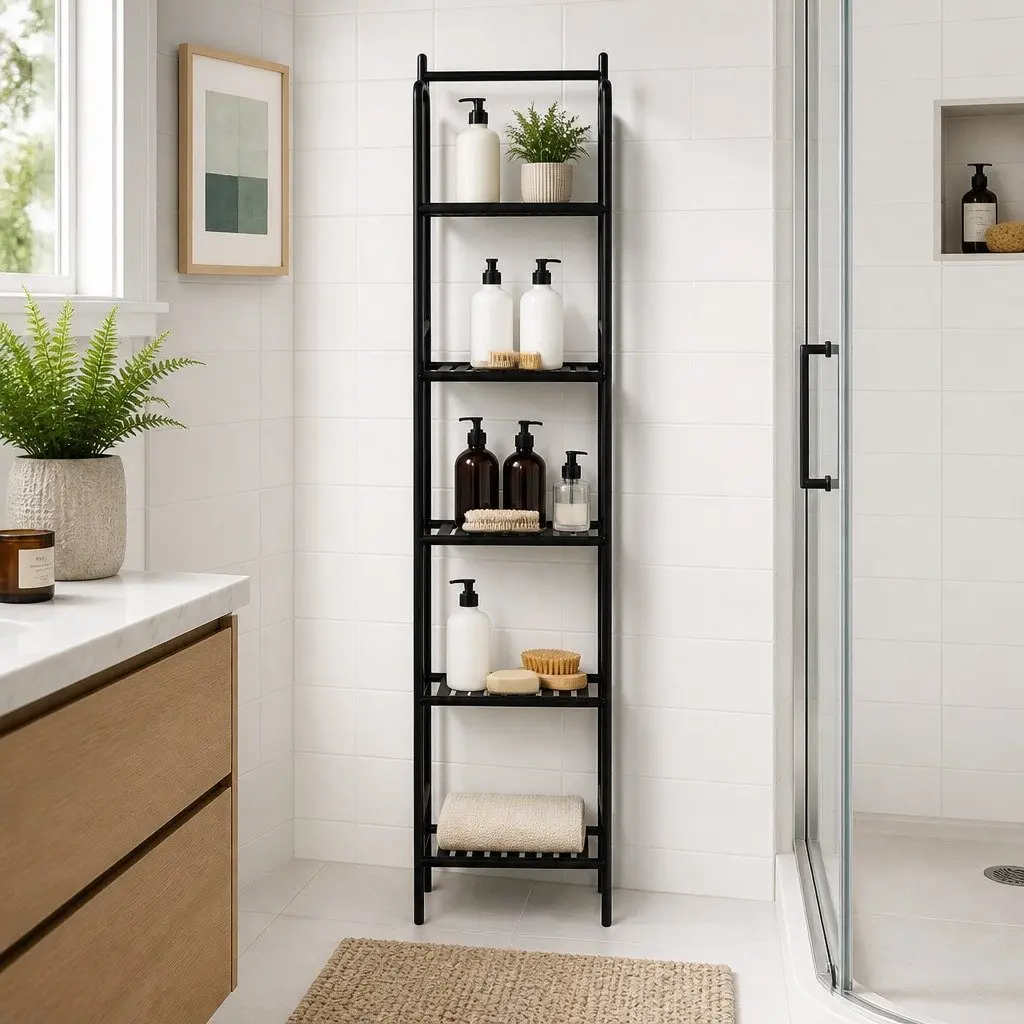 5 Tier Corner Shower Caddy Floor Standing Bathroom Storage Organizer Black