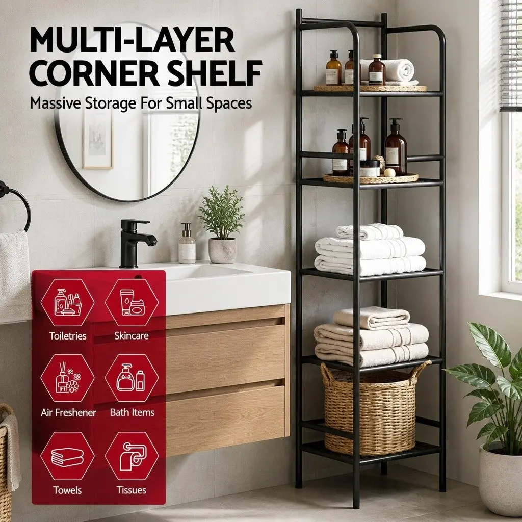 5 Tier Corner Shower Caddy Floor Standing Bathroom Storage Organizer Black