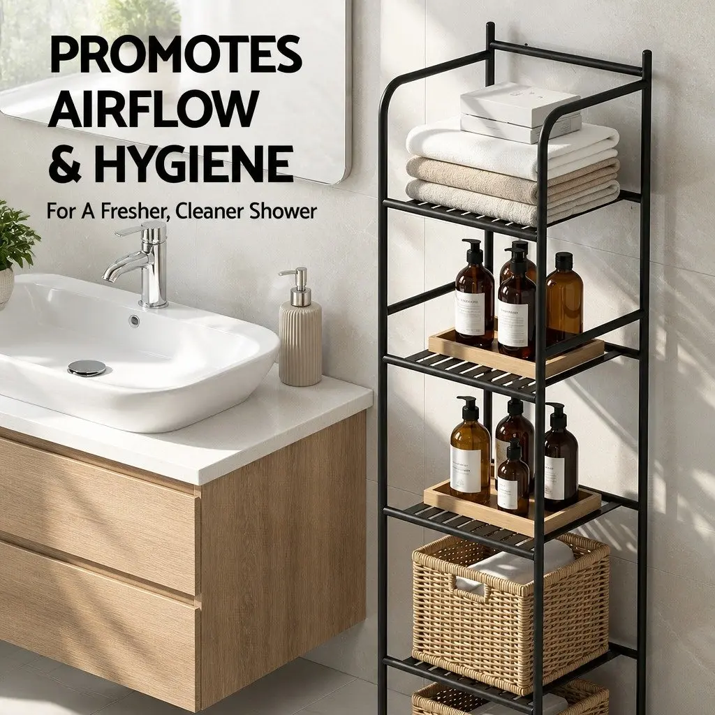 5 Tier Corner Shower Caddy Floor Standing Bathroom Storage Organizer Black