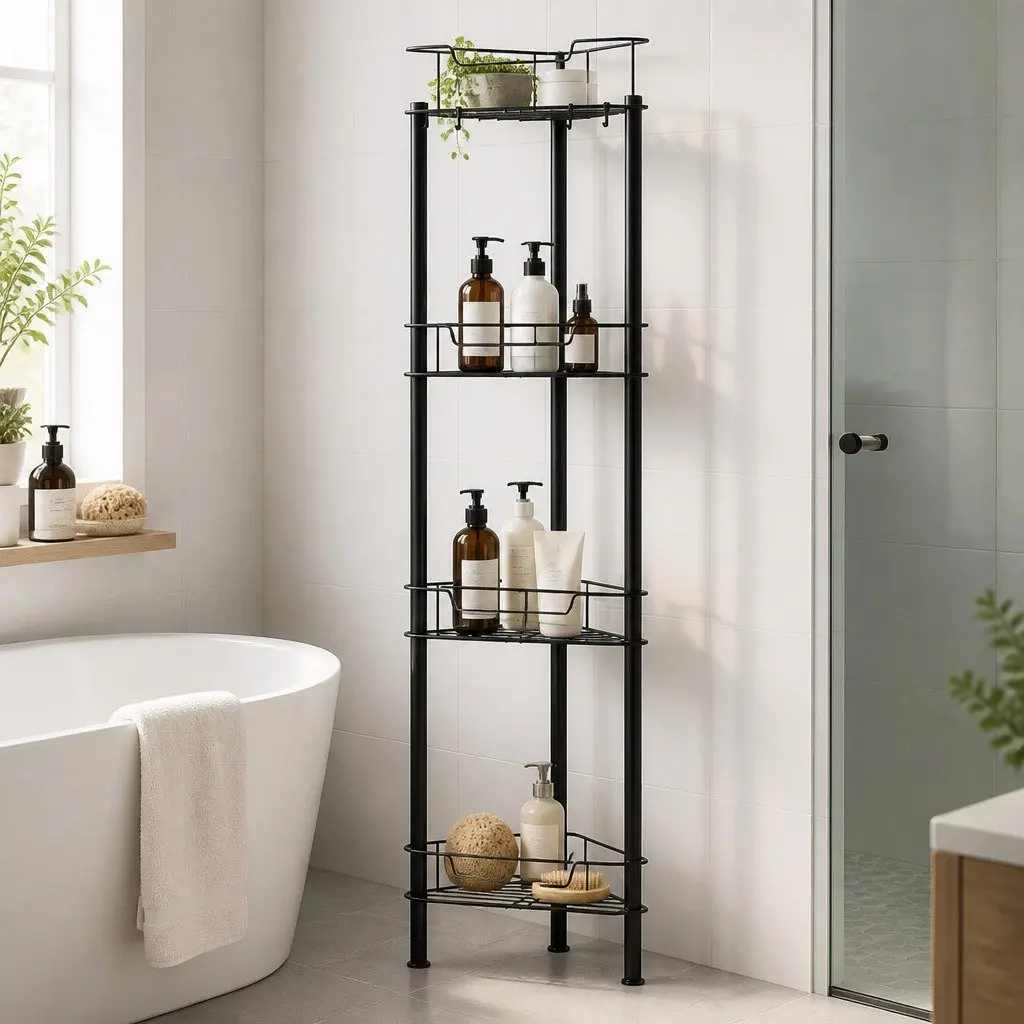 Floor Standing Shower Caddy Black 4 Tier Metal Storage Organiser