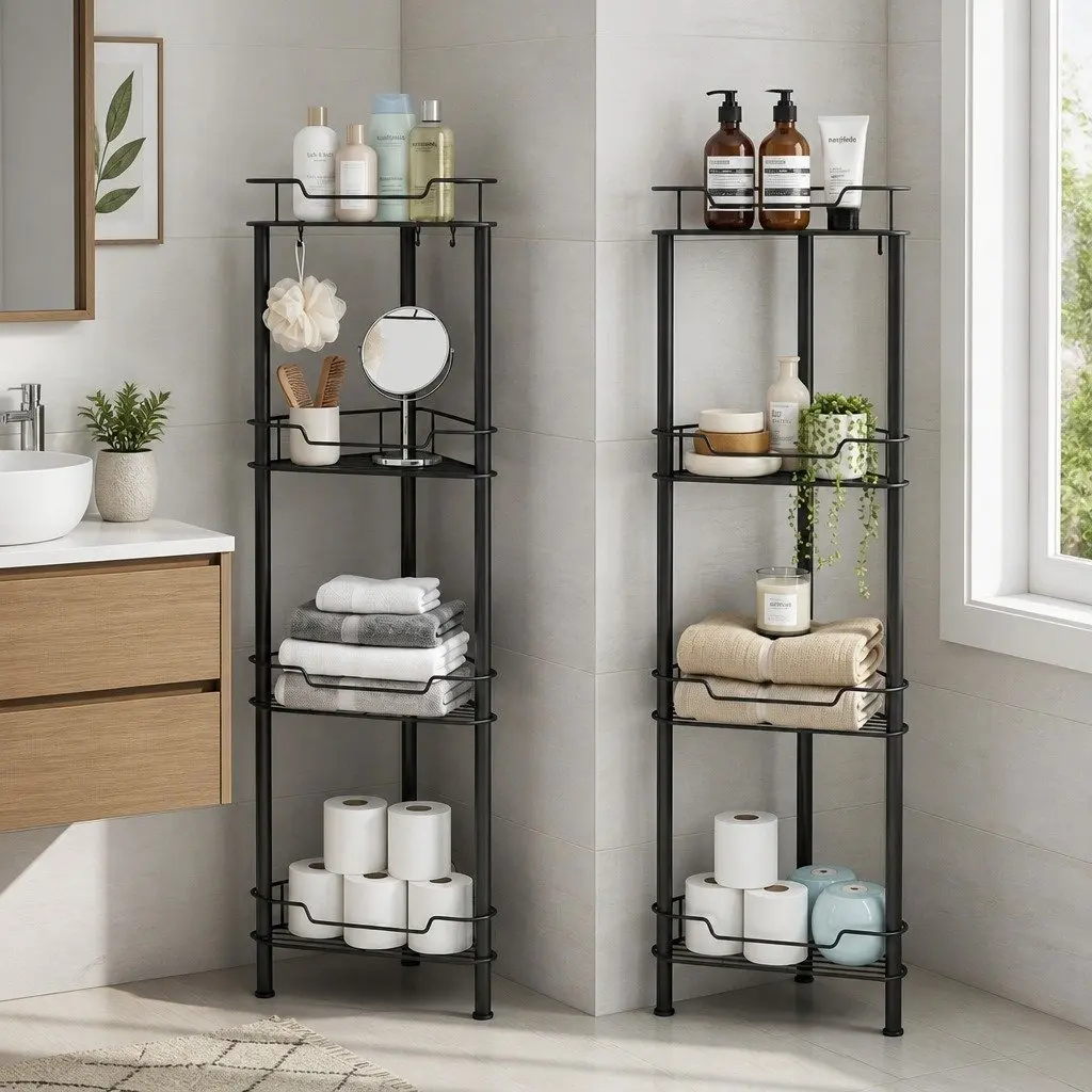 Floor Standing Shower Caddy Black 4 Tier Metal Storage Organiser