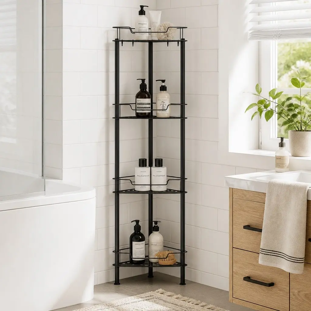 Floor Standing Shower Caddy Black 4 Tier Metal Storage Organiser