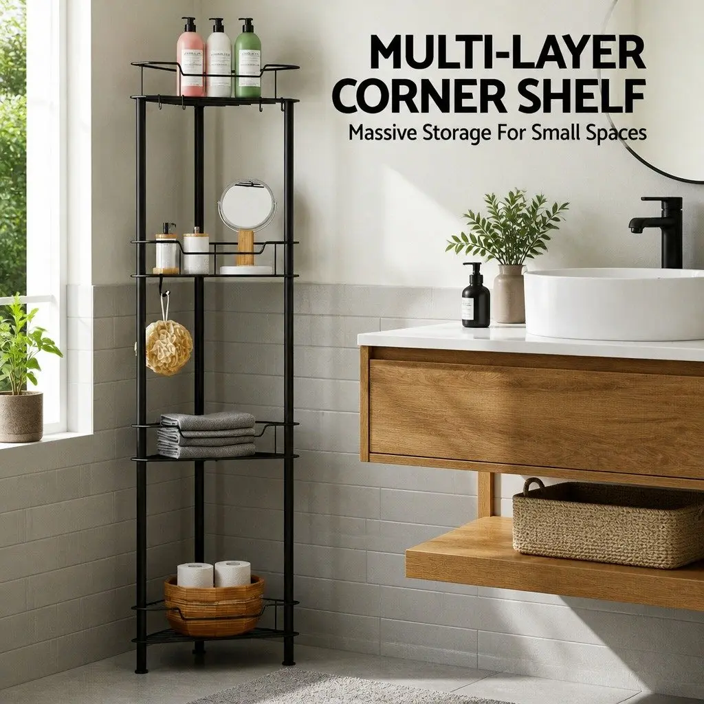 Floor Standing Shower Caddy Black 4 Tier Metal Storage Organiser