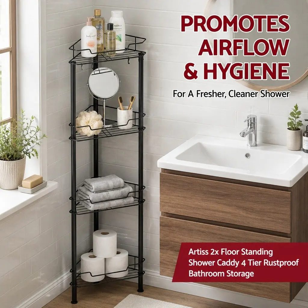 Floor Standing Shower Caddy Black 4 Tier Metal Storage Organiser