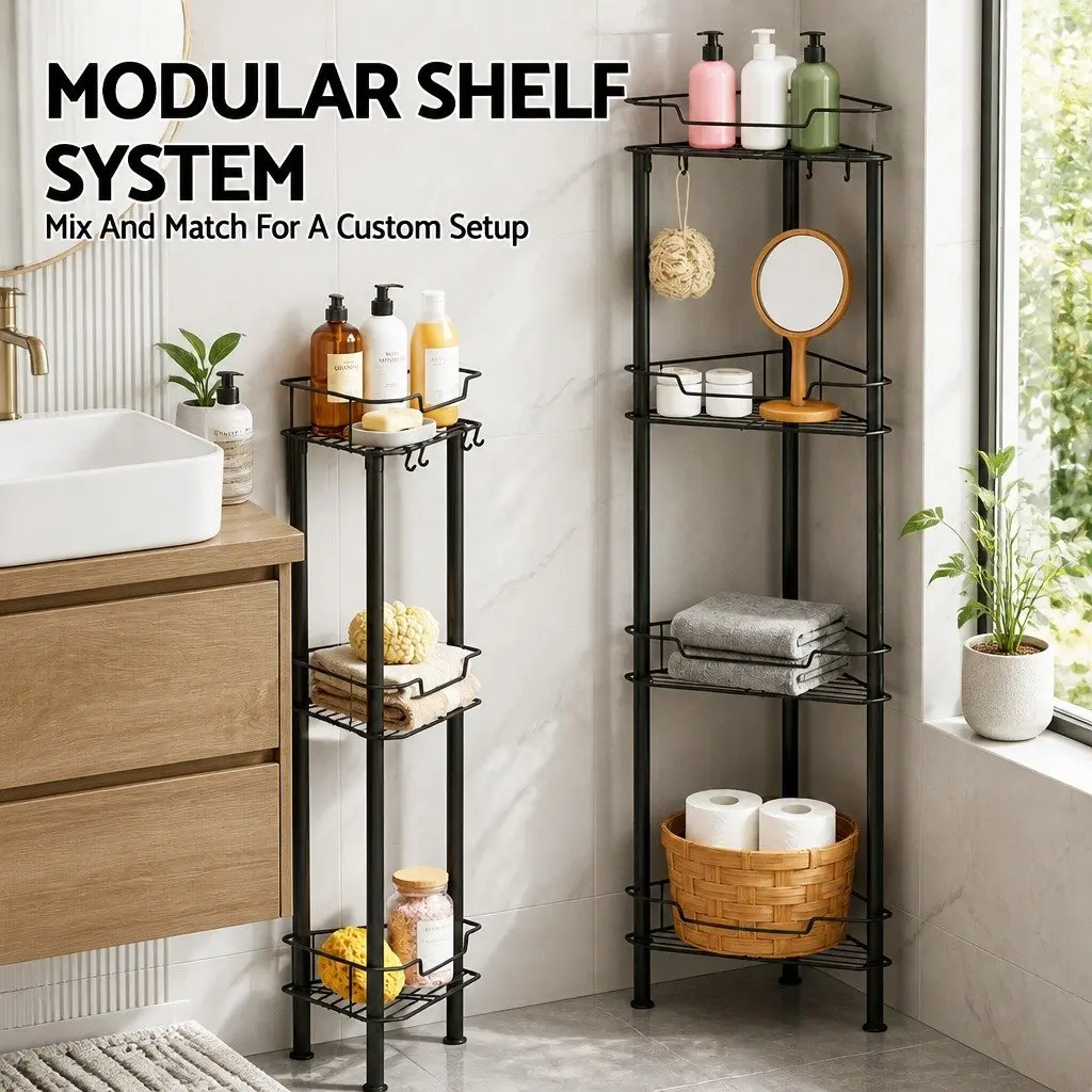 Floor Standing Shower Caddy Black 4 Tier Metal Storage Organiser