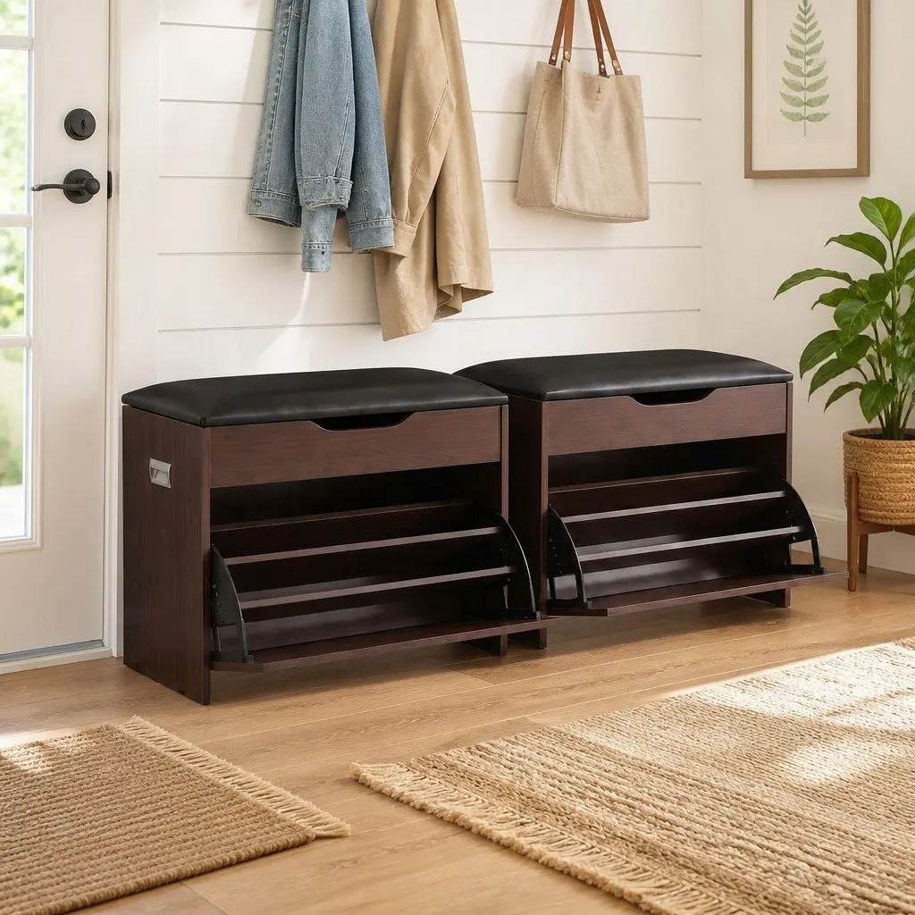 Shoe Bench Set Lift-Up Seat Walnut PU Leather 2 Piece Storage Cabinet Entryway Organiser