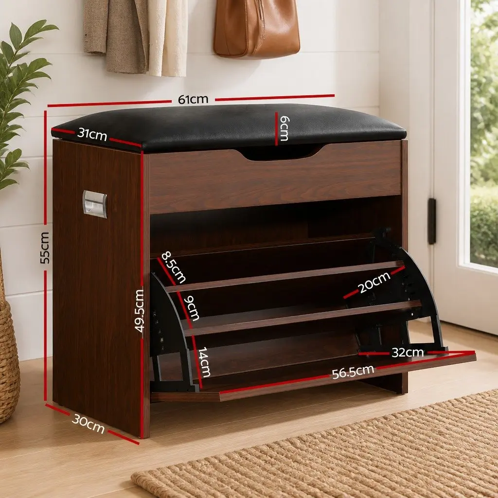 Shoe Bench Set Lift-Up Seat Walnut PU Leather 2 Piece Storage Cabinet Entryway Organiser