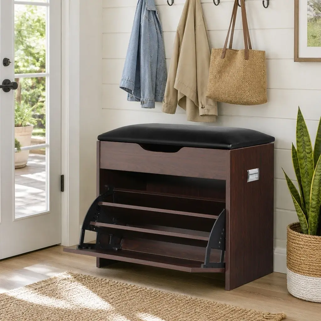 Shoe Bench Set Lift-Up Seat Walnut PU Leather 2 Piece Storage Cabinet Entryway Organiser