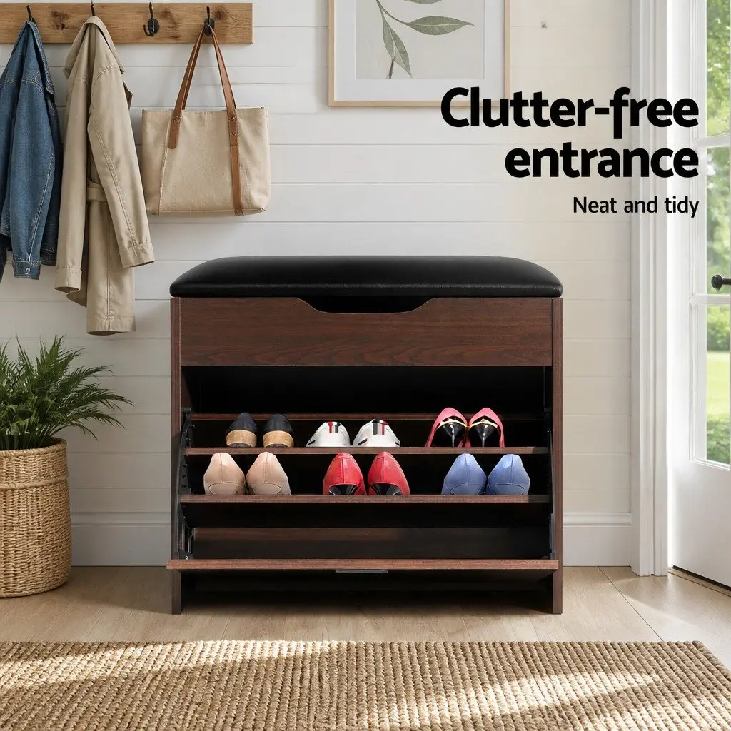 Shoe Bench Set Lift-Up Seat Walnut PU Leather 2 Piece Storage Cabinet Entryway Organiser