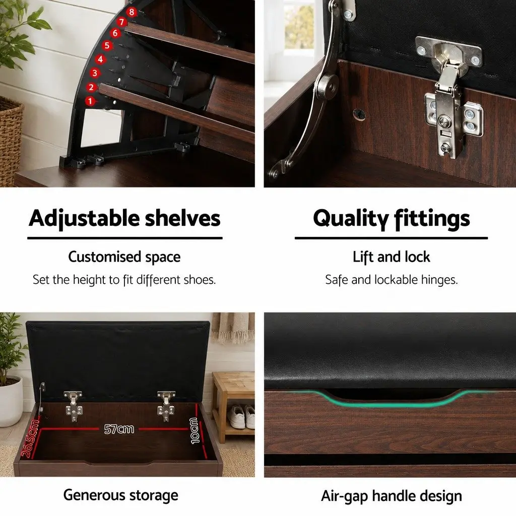 Shoe Bench Set Lift-Up Seat Walnut PU Leather 2 Piece Storage Cabinet Entryway Organiser