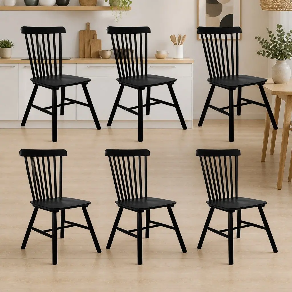 Dining Chairs Windsor Black Set of 6 Solid Wood Frame