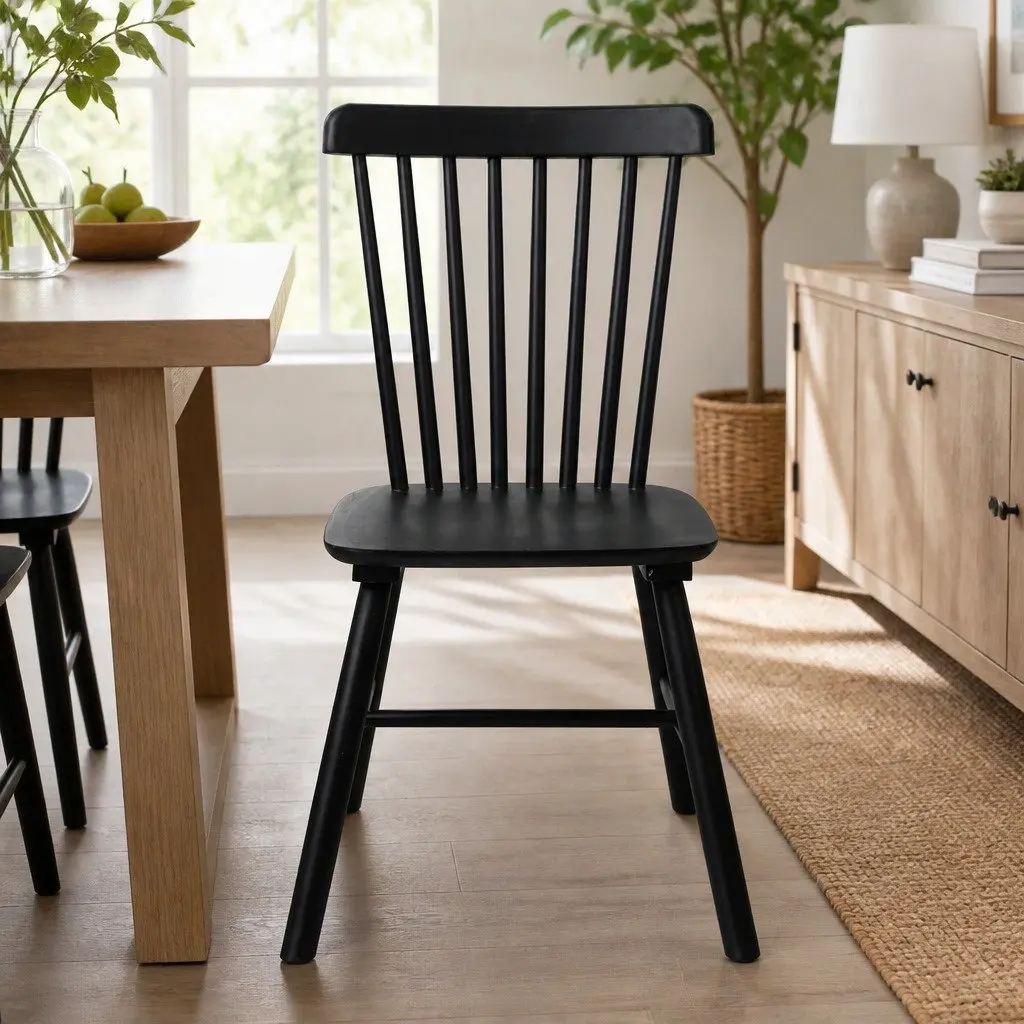 Dining Chairs Windsor Black Set of 6 Solid Wood Frame