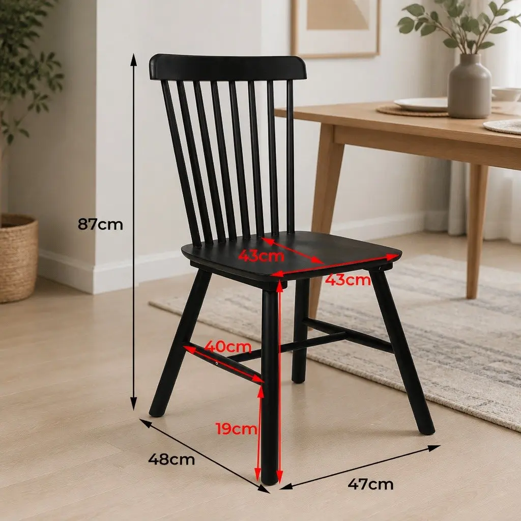 Dining Chairs Windsor Black Set of 6 Solid Wood Frame