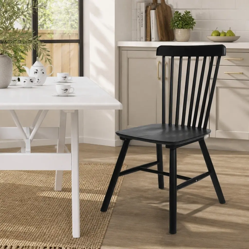 Dining Chairs Windsor Black Set of 6 Solid Wood Frame