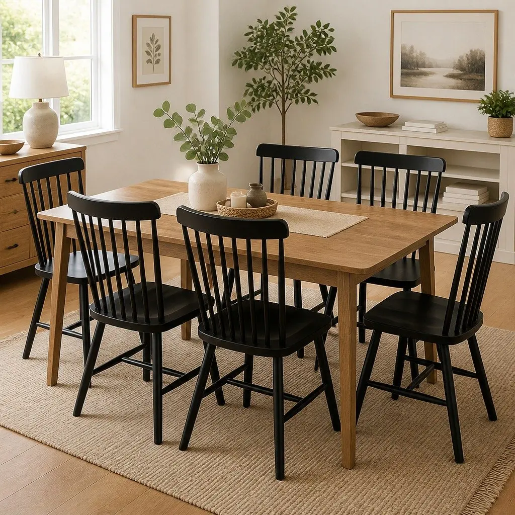 Dining Chairs Windsor Black Set of 6 Solid Wood Frame