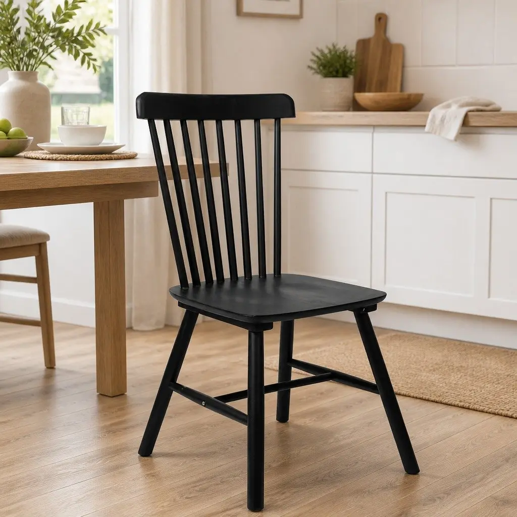 Dining Chairs Windsor Black Set of 6 Solid Wood Frame