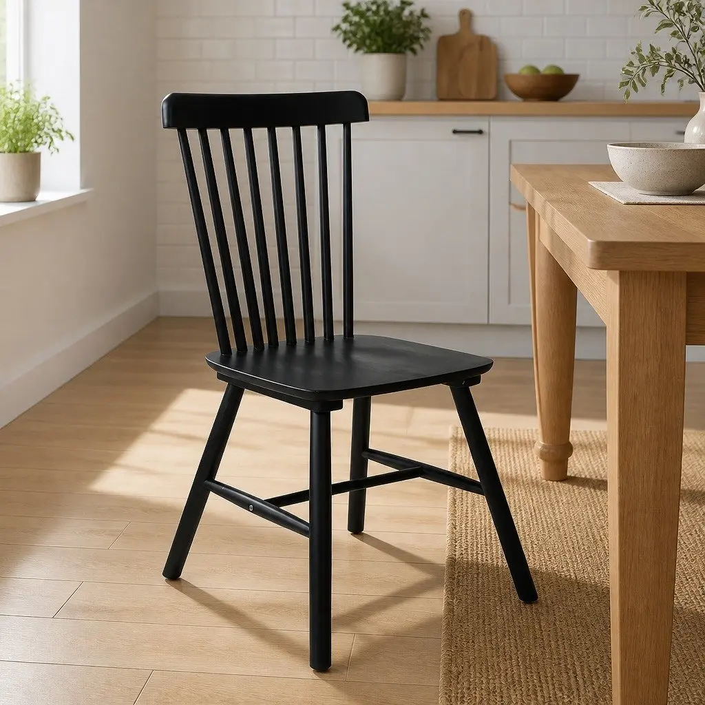 Set of 2 Black Wooden Dining Chairs for Kitchen