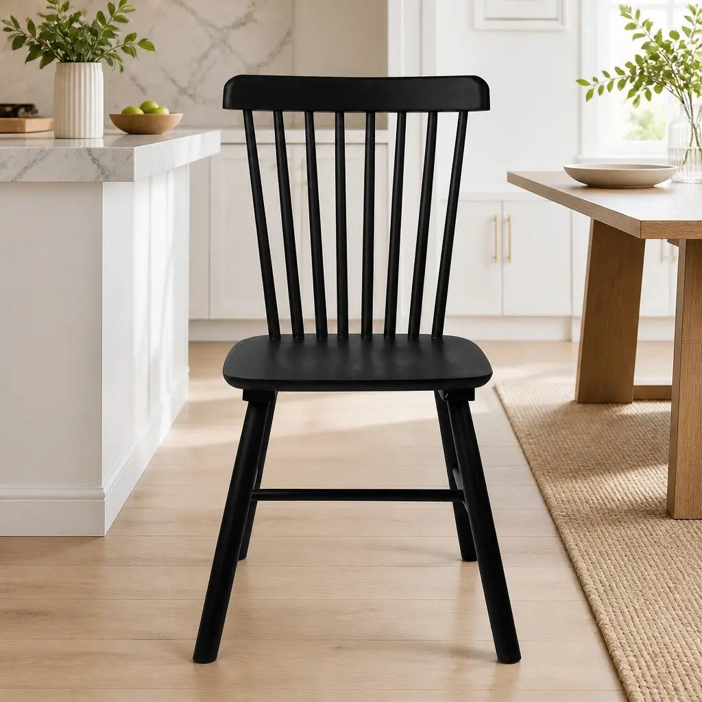 Set of 2 Black Wooden Dining Chairs for Kitchen