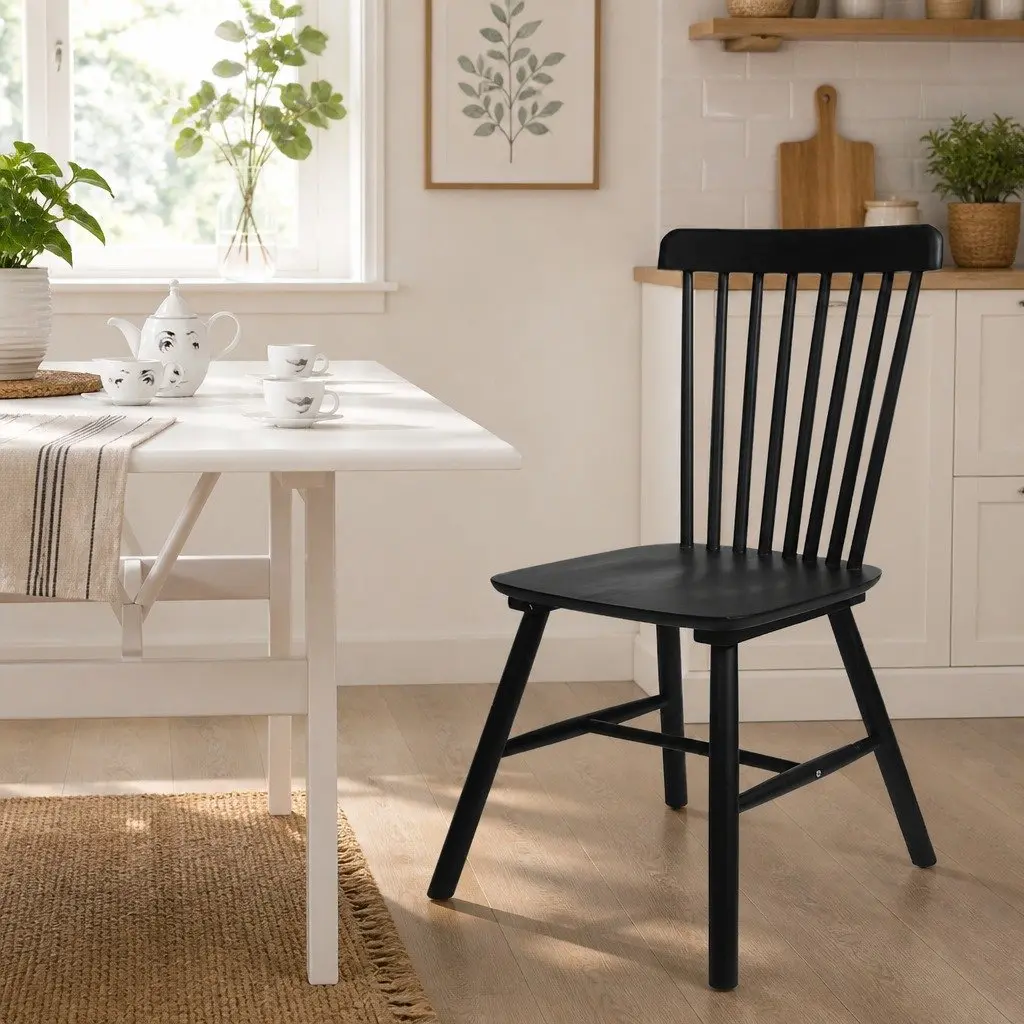 Set of 2 Black Wooden Dining Chairs for Kitchen