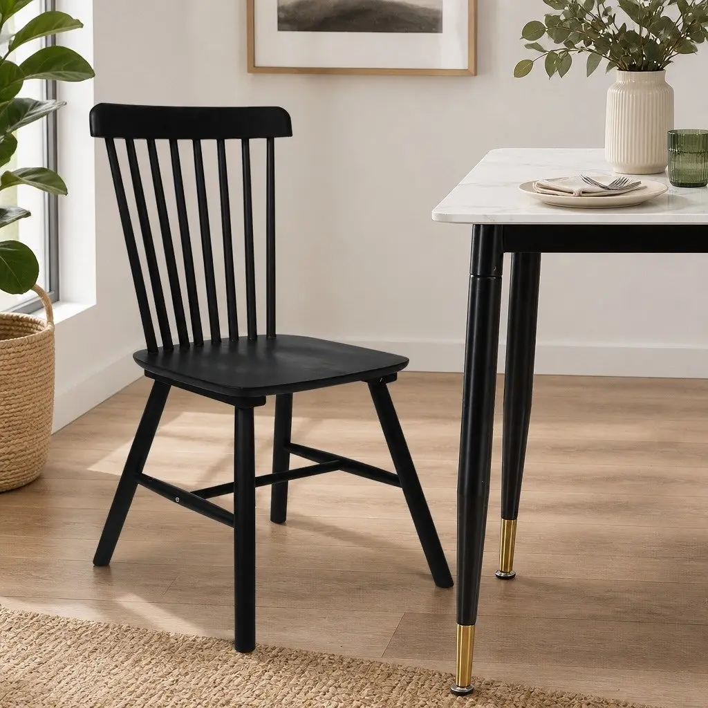 Set of 2 Black Wooden Dining Chairs for Kitchen
