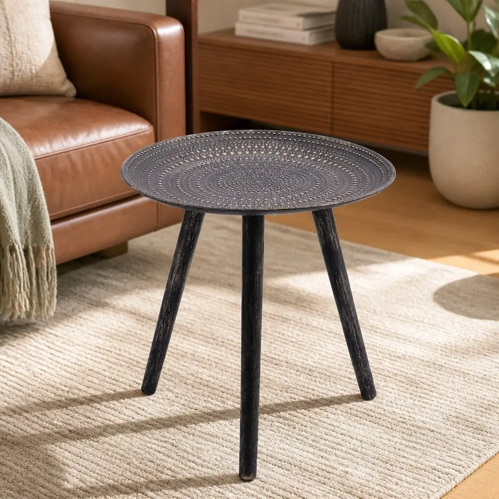Side Table Black Composite Wood Top Solid Wood Legs 49cm x 48cm