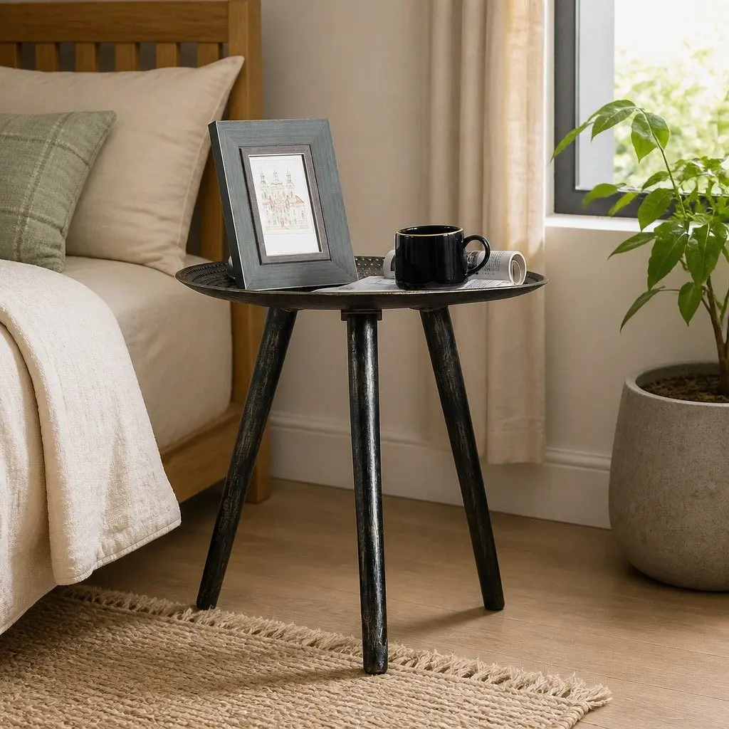 Side Table Black Composite Wood Top Solid Wood Legs 49cm x 48cm