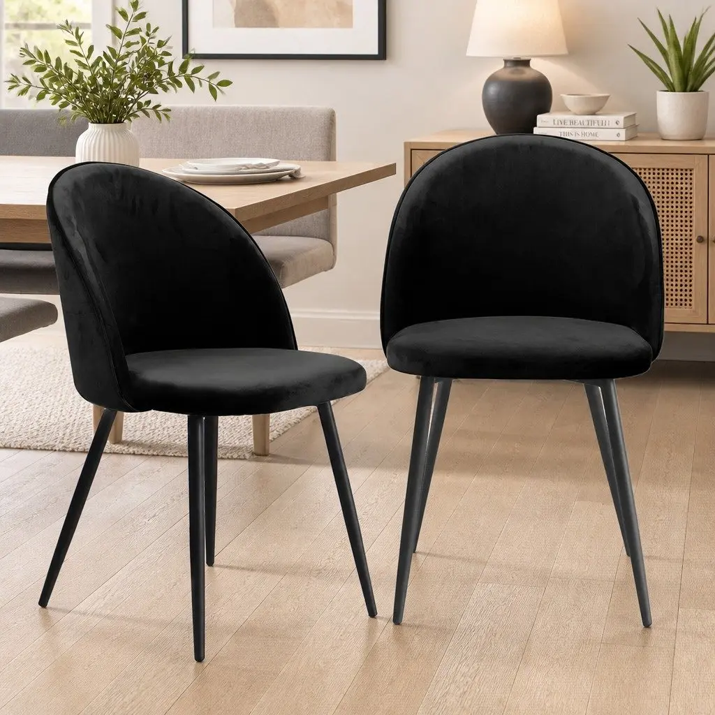 Dining Chairs Black Upholstered Velvet Set of 6 Steel Legs