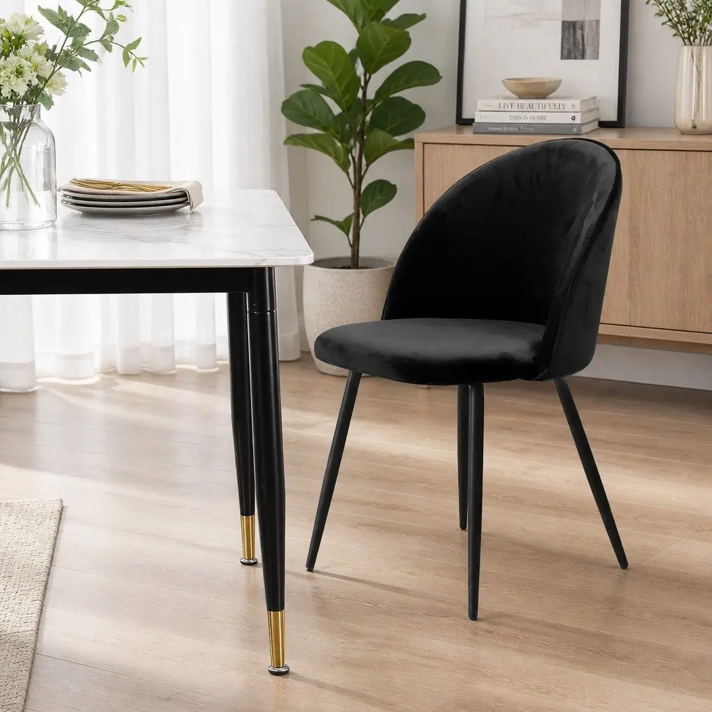 Dining Chairs Black Upholstered Velvet Set of 6 Steel Legs