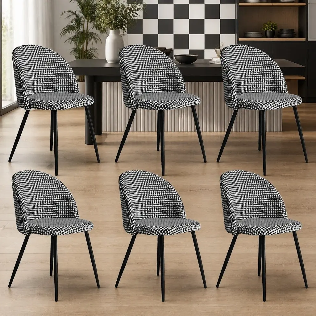 Dining Chairs Set of 6 Kitchen Cafe Seating Houndstooth Pattern Velvet