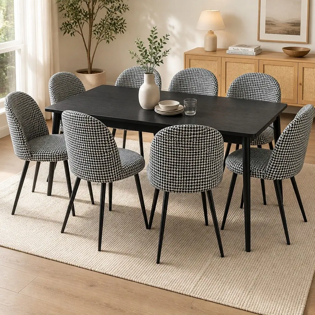 Dining Chairs Set of 8 Kitchen Cafe Seating Houndstooth Pattern Upholstered Seat