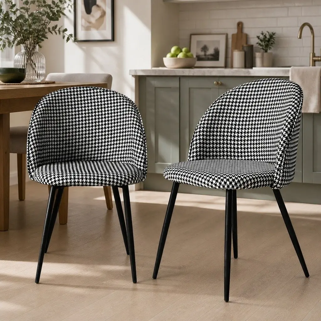 Dining Chairs Set of 8 Kitchen Cafe Seating Houndstooth Pattern Upholstered Seat