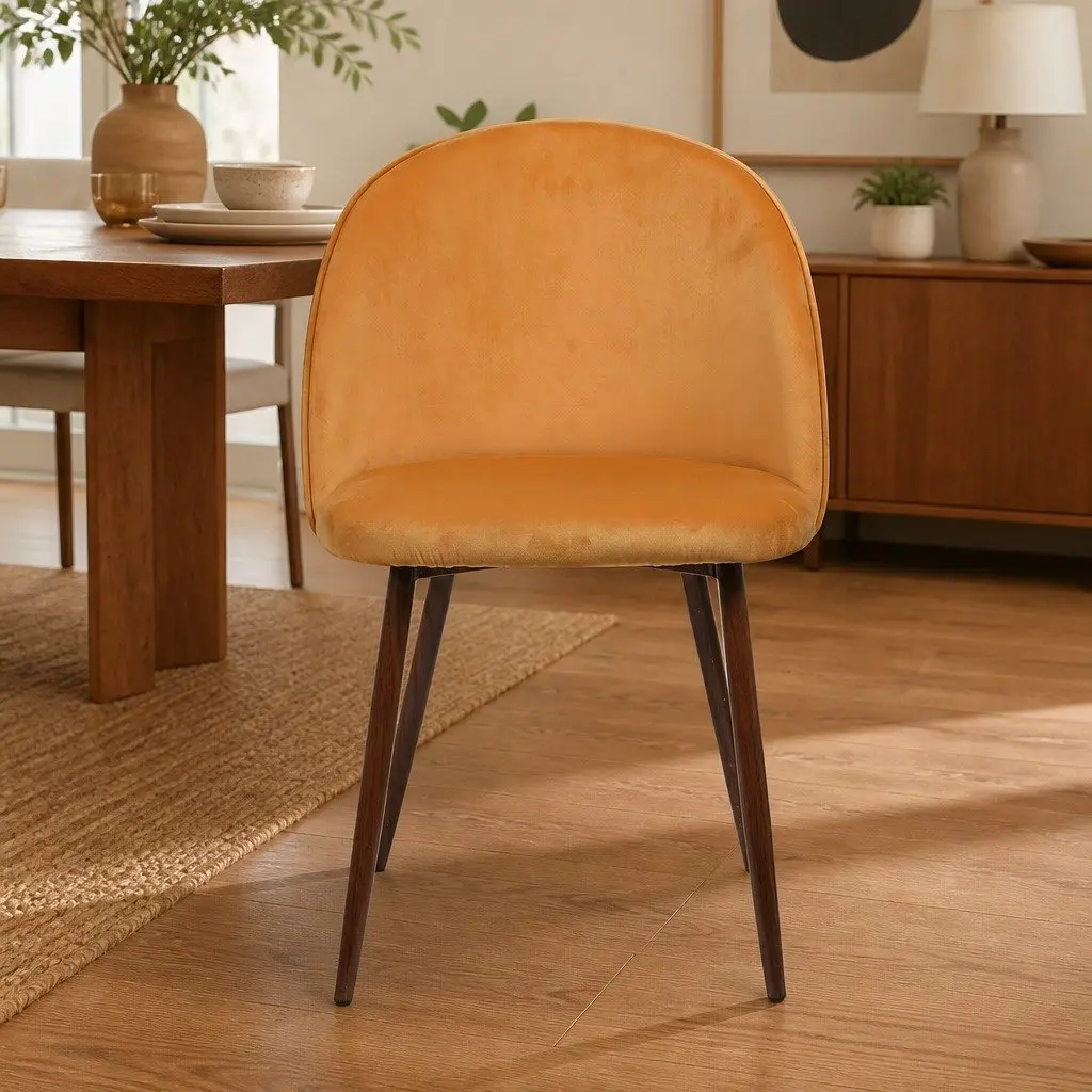Dining Chair Velvet Seat Mustard Color Steel Frame Set of 6