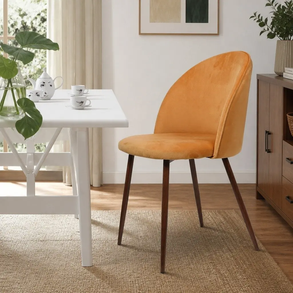 Dining Chair Velvet Seat Mustard Color Steel Frame Set of 6