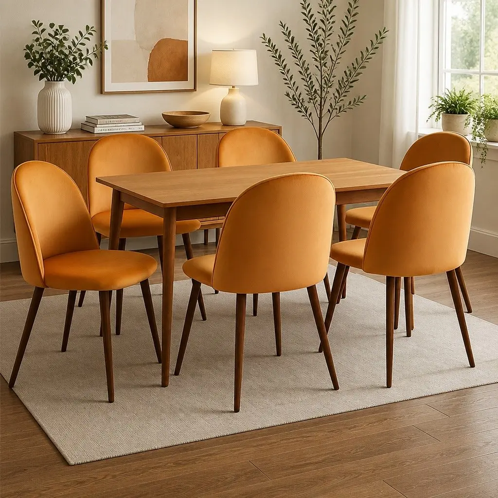 Dining Chair Velvet Seat Mustard Color Steel Frame Set of 6
