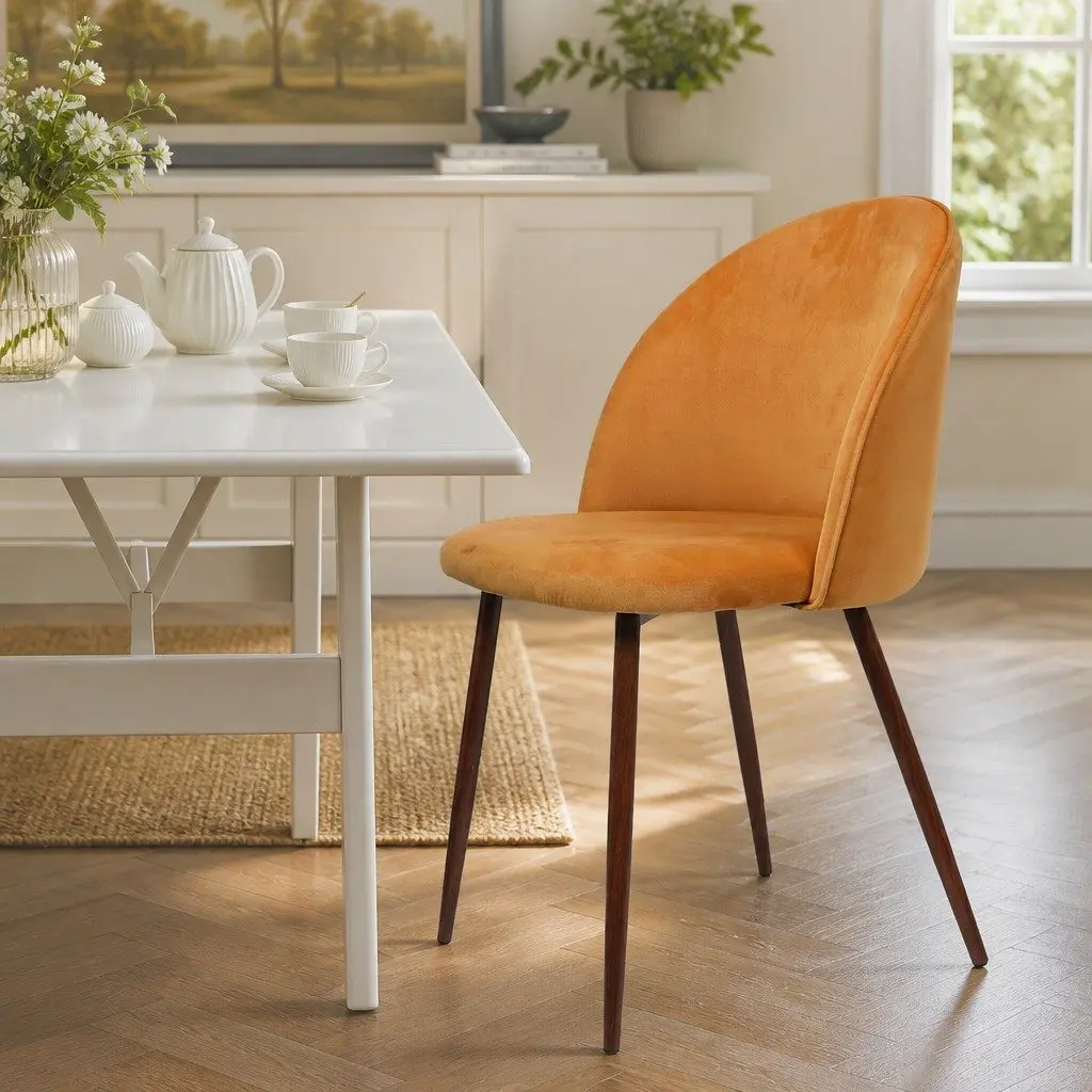 Dining Chair Velvet Seat Mustard Color Steel Frame Set of 6