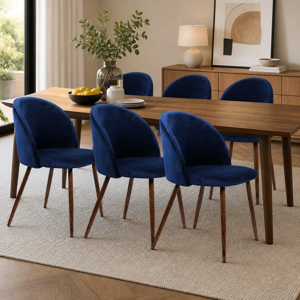 Set of 6 Dining Chairs Navy Velvet Upholstery French Provincial Style Ergonomic Backrest Steel Legs
