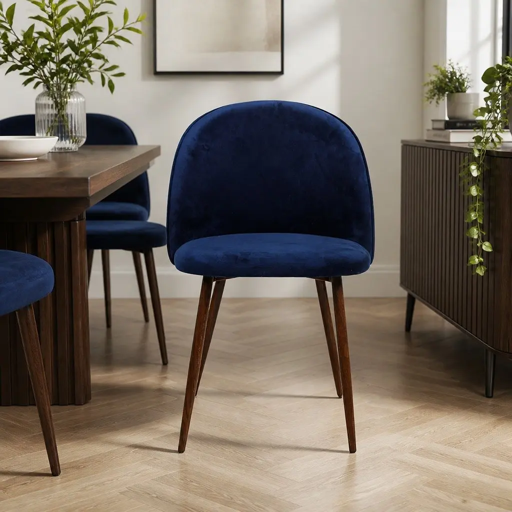 Set of 6 Dining Chairs Navy Velvet Upholstery French Provincial Style Ergonomic Backrest Steel Legs