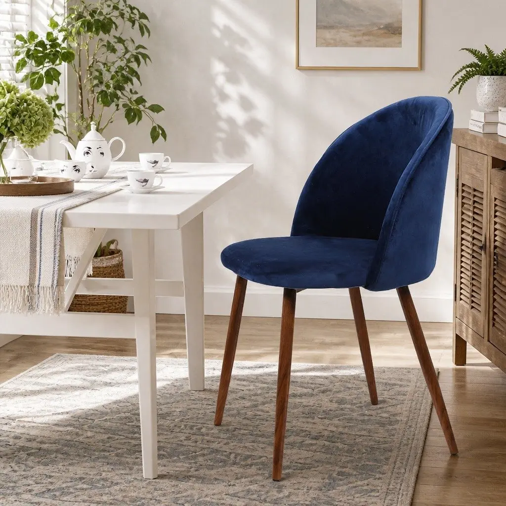 Set of 6 Dining Chairs Navy Velvet Upholstery French Provincial Style Ergonomic Backrest Steel Legs